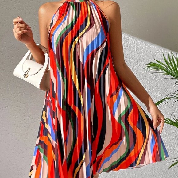 Multicolor Boho Womens Keyhole Back Halter Neck Pleated Detail Dress - Picture 2 of 5